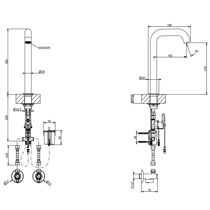 GESSI 316 FLESSA Смеситель для раковины, электронный, с кран-фильтром для регулировки температ и напора воды, высота излива 230 мм, цвет Steel Brushed