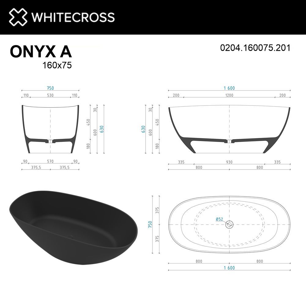 Ванна WHITECROSS Onyx A 160x75 (черный мат) иск. камень