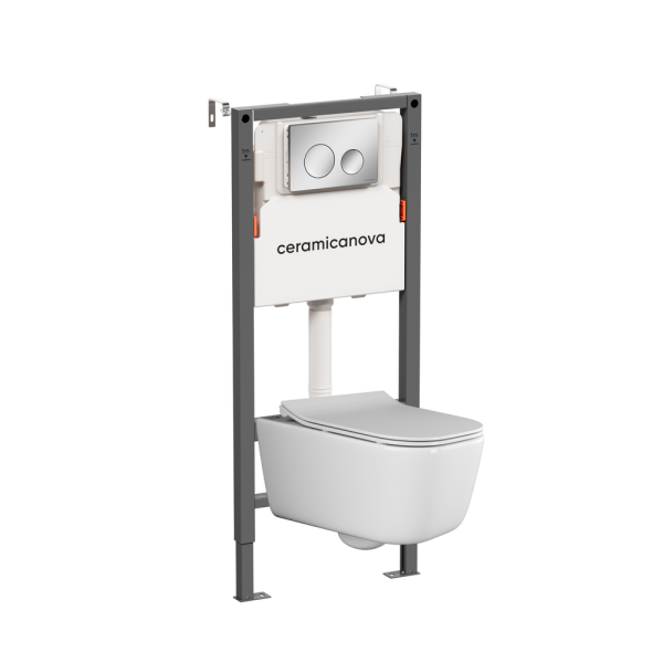 Комплект Подвесной унитаз Новый день (New day) Безободковый (Rimless) + Система инсталляции Баланс (Balance) кнопка Круг (Circle), хром глянцевый