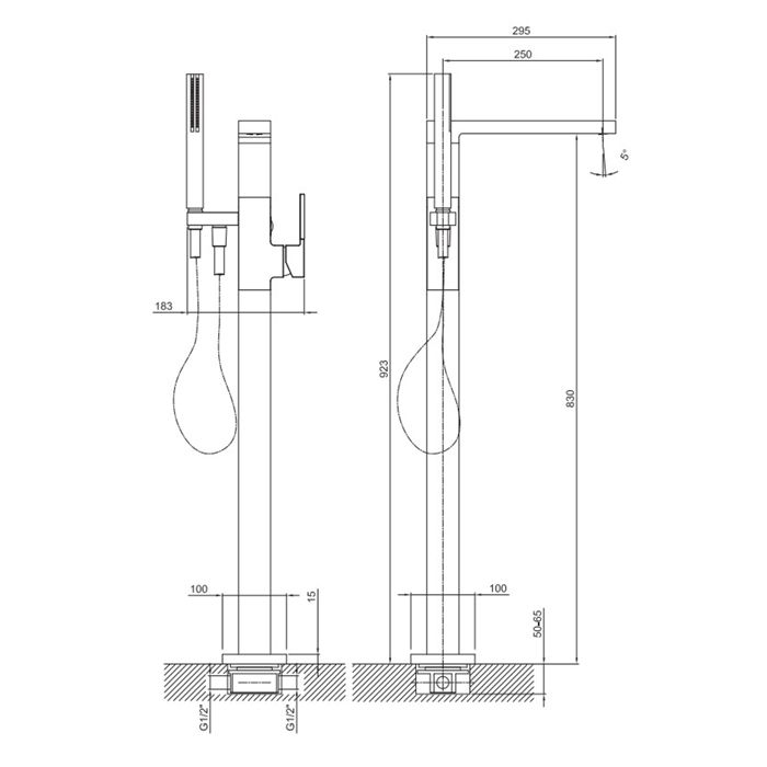 Fantini AR/38 Смеситель для ванны, напольный, с ручн душем, излив 250мм, (наружняя часть), цвет: хром