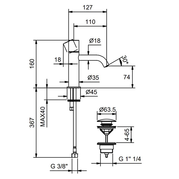 Смеситель для раковины, Fantini, Nostromo Small, тип открывания воды-однорычажный, тип регулирования воды-керамический картридж, монтаж-на раковину/столешницу, отверстия для монтажа-1, высота, мм-160, вынос излива, мм-110, тип излива-неподвижный, донный к