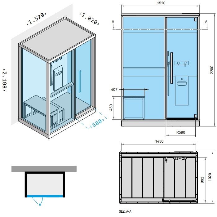Effegibi H Medium Хаммам с душем, пристенный R.H. 152x102xh220см, отделка: Soft Sand
