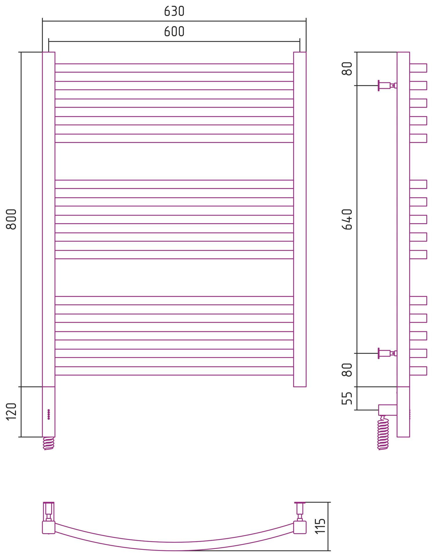 Полотенцесушитель, Сунержа, Аркус 3.0, электрический, ширина, мм-630, глубина, мм-115, высота, мм-920, межосевое расстояние-600, подключение-нижнее слева, электрокомплект-МЭМ, мощность, Вт-300, материал-нержавеющая сталь, цвет-шампань