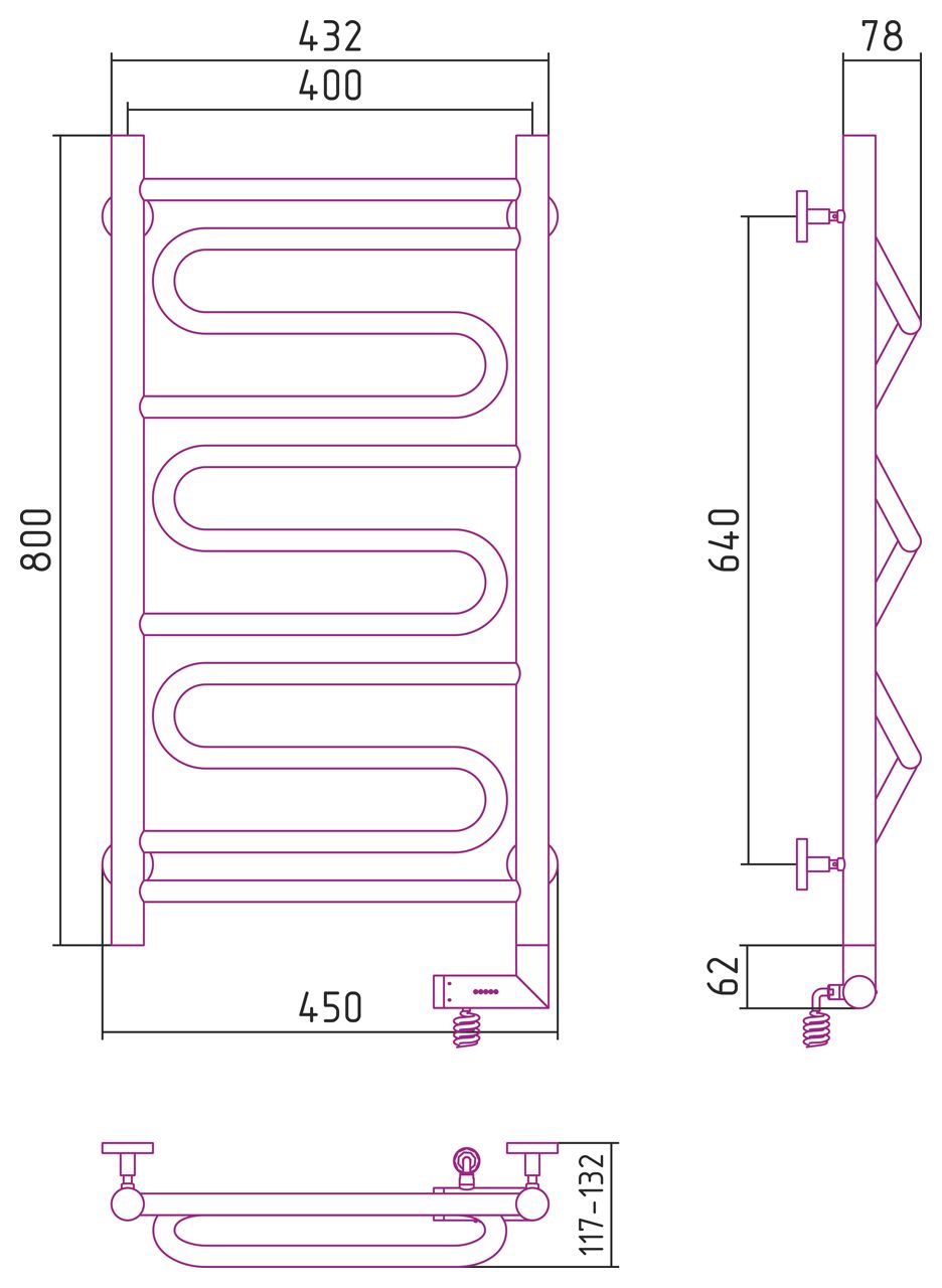 Полотенцесушитель электрический "ЭЛЕГИЯ 2.0" 800х400 / МЭМ правый (Без покрытия)