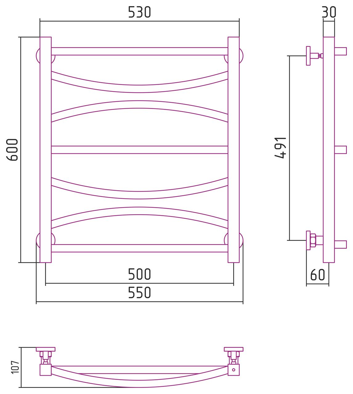 Полотенцесушитель водяной АЖУР 600х500 (Матовый белый)