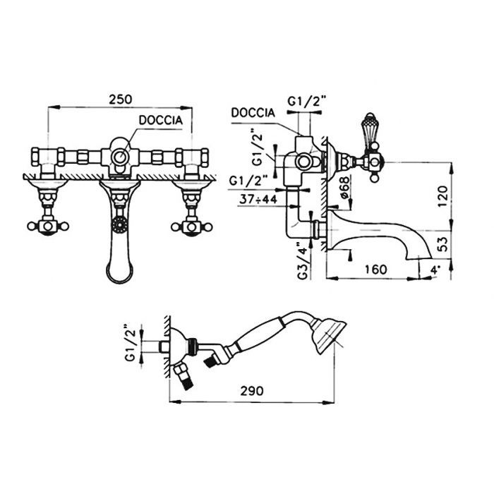 Nicolazzi P.M.Blanc Смеситель для ванны на 2 отверстия, с переключателем ванна/душ, вывод сверху 3/4'' (для душ. стойки), ручки белая керамика, цвет: