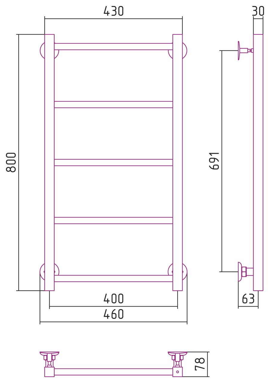 Полотенцесушитель водяной СТИЛЬЕ "Версия-КН" 800х400 (5) П 20х20 (Чёрный)