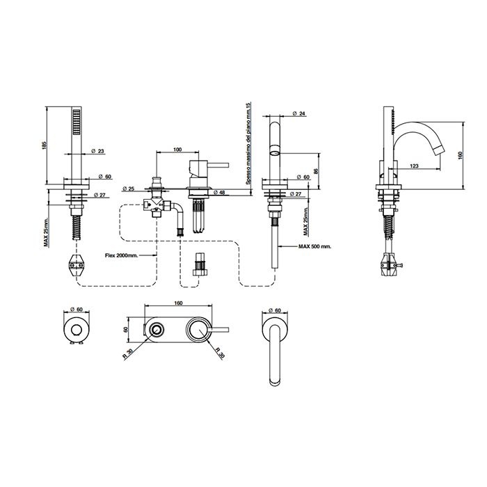Bongio ON Смеситель на борт ванны с выдвижным ручным душем, цвет матовый черный хром, артикул 68531NM0DPR