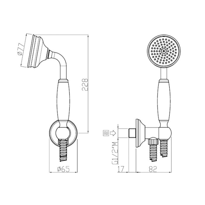 Душевой набор, Carimali, Colonial, размер душевого диска, мм-77, форма лейки-круглая, количество режимов-1, держатель для душа-есть, шланг-есть, длина шланга, мм-1500, шланговое подключение-есть, материал-латунь, с пластмассовой ручкой, цвет-хром