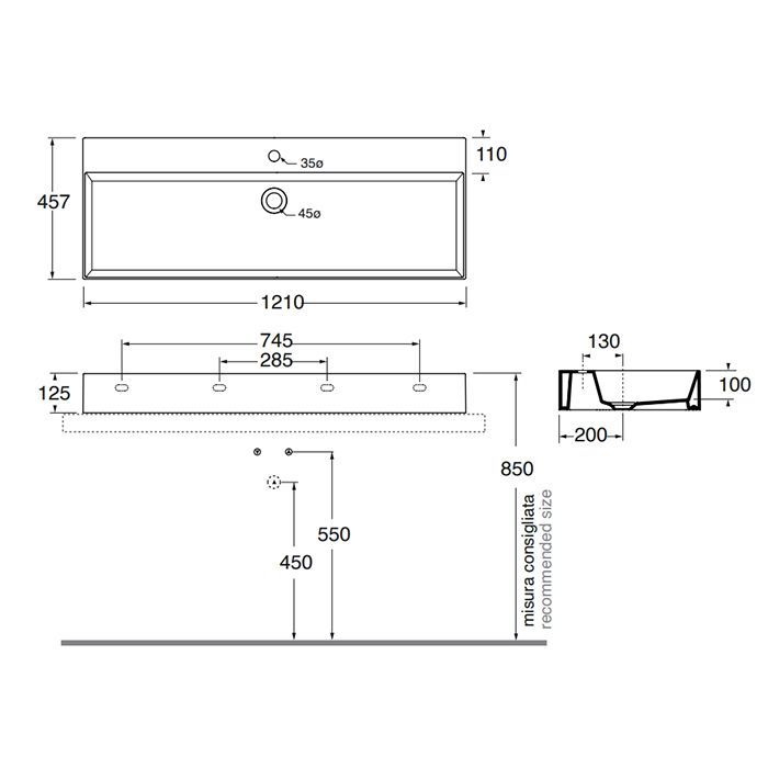 AZZURRA ELEGANCE Squared  Раковина подвесная/накладная  122х45см c 1 отв. под смеситель , цвет белый