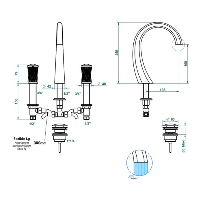 THG INFINI PORCELAINE BLANCHE Смеситель для раковины на 3 отверстия, для увеличенных по толщине столешниц, с донным клапаном, цвет Matt gold PVD