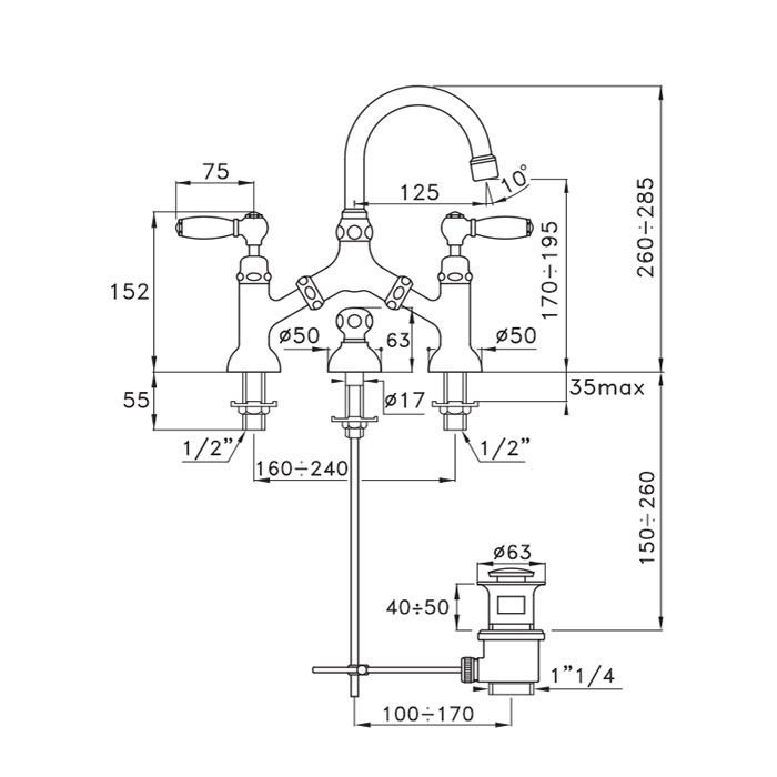 Stella Italica Leve Смеситель для раковины на 3 отверстия 3215/351 с донным клапаном, цвет: хром
