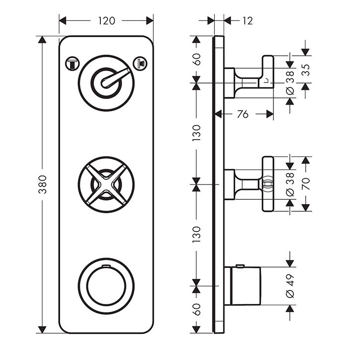 AXOR CITTERIO E Смеситель для душа встраиваемый, термостатический, с запорным вентилем и переключателем на 2 положения, внешняя часть, цвет сталь AXOR CITTERIO E Смеситель для душа встраиваемый, термостатический, с запорным вентилем и переключателем на 2 положения, внешняя часть, цвет сталь