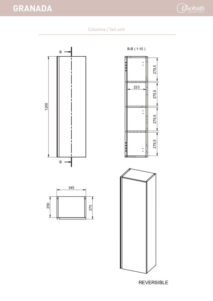 Visobath Granada, пенал 34.5 см, дверь распашная с черной ручкой, цвет кварцевый матовый лак (Quarzo), артикул 76638/Quarzo