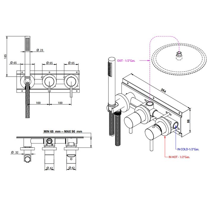 BONGIO ON Смеситель для душа встраиваемый, однорычажный, с переключателем на 2 положения, с руч душем и шлангом 1500мм, внеш часть, цвет белый матовый, артикул 68551BIADPREU