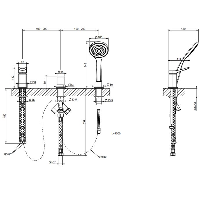 GESSI Rilievo Смеситель на борт ванны на 3 отв, с убирающаяся душевой лейкой, для наполнения через слив-перелив, цвет: nero XL