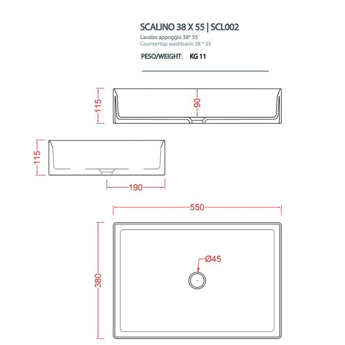 Artceram SCALINO Раковина накладная 38х55 см, без отв под смеситель, без слив перелива, цвет notte