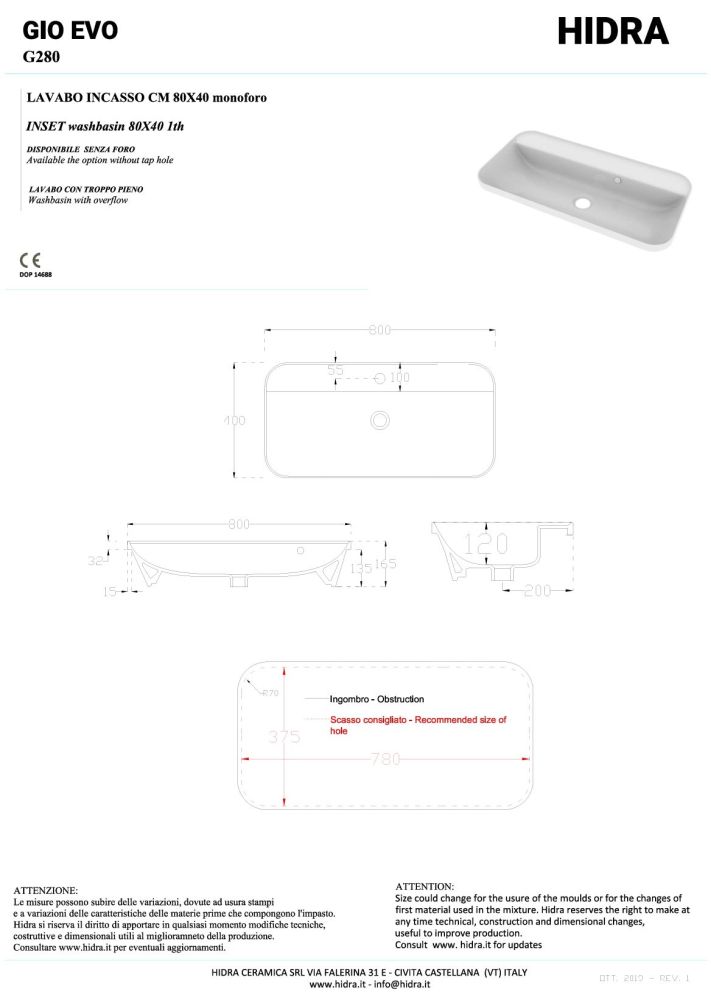 Hidra Gio,  встраиваемая прямоугольная раковина с закругленными краями 80x40x16,5h см, цвет белый матовый, артикул G280/006