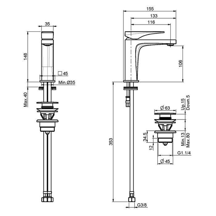 FIMA|Carlo Frattini Zeta Смеситель для раковины, высота 146 мм., с донным клапаном click-clack, цвет белый матовый