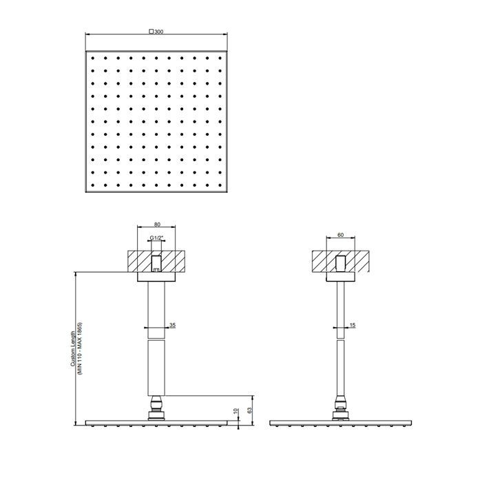 Gessi Rettangolo Верхний душ для потолочного крепления 300x300мм, высота от 115 до 1865мм, цвет: черный