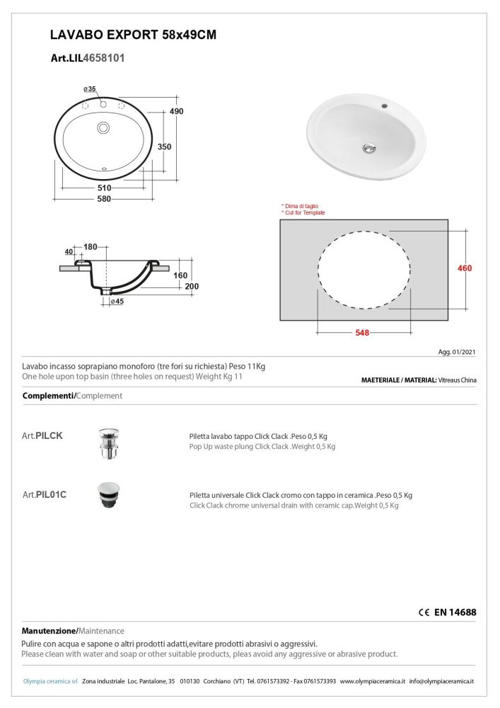 Olympia Export, встраиваемая в столешницу овальная раковина 58x49 см, цвет белый глянцевый, артикул LIL4658101