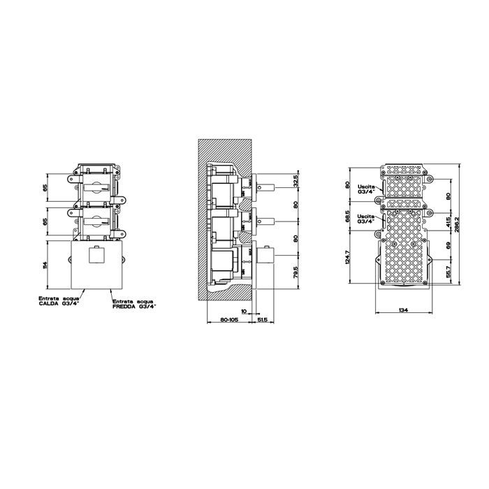Gessi Rettangolo Встраиваемый термостат, подключение на 3/4”, с 2мя независимыми выходами(внешние части), цвет: черный