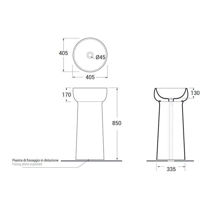 AZZURRA GRAAL  Раковина напольная d40 h85 см, слив в пол, без отв под смеситель, цвет Perlé