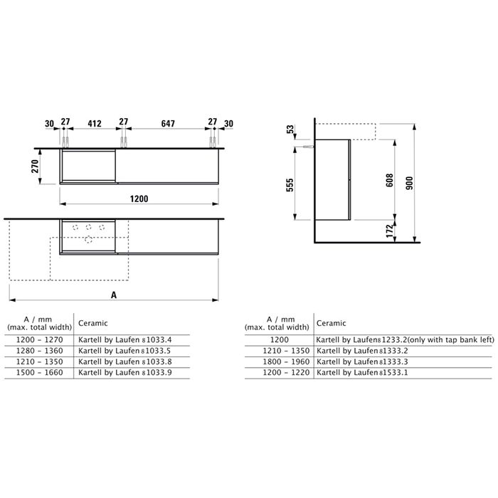Laufen Kartell Тумба под раковину слева, 1200х270х610мм, с 1 дверцей и 2 створками, цвет: сланцево-серый, артикул 4.0829.1.033.642.1