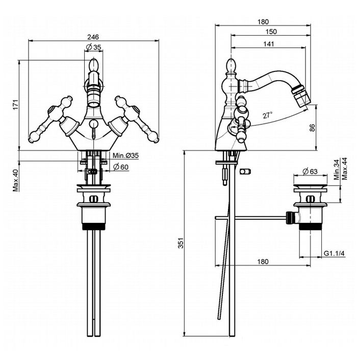 FIMA|Carlo Frattini Epoque Смеситель для биде, на 1 отверстие, с вращающимся изливом, с донным клапаном, цвет хром