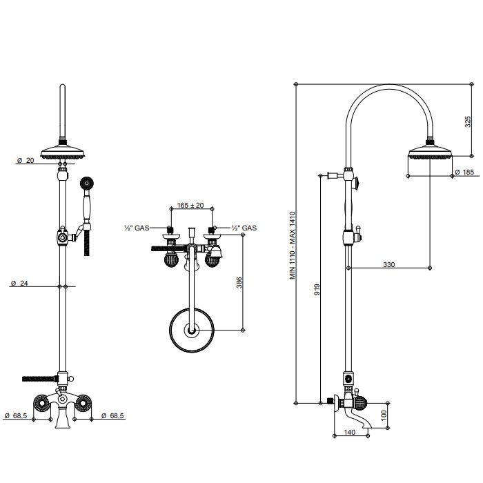 Bongio Rivoli Смеситель для ванны - с изливом, душевой стойкой с верхним и ручным душем,  цвет золото/Cristallo00