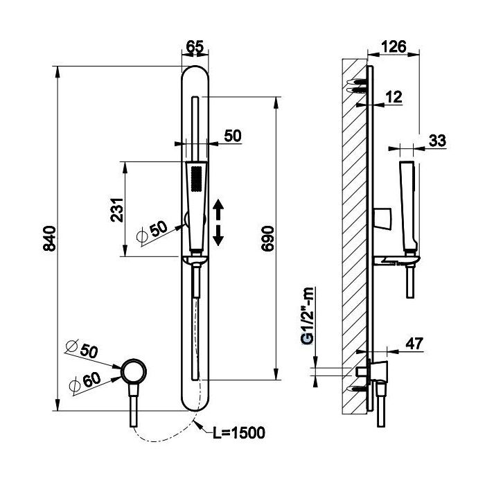 Gessi Cono Штанга в комплекте с душевой лейкой с защитой от известкового налёта, шланг 1,50 м, вывод воды из стены., цвет: Black Metal Brushed PVD