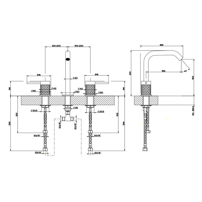 GESSI 316 Смеситель для раковины на 3 отверстия, без донного клапана, излив 156мм h=201мм, цвет: steel brushed