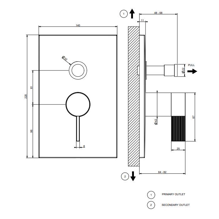 GESSI  INVERSO RIGATO Внешняя часть настенного смесителя на 2 выхода с перекл ванна/душ, цвет: Matte Black