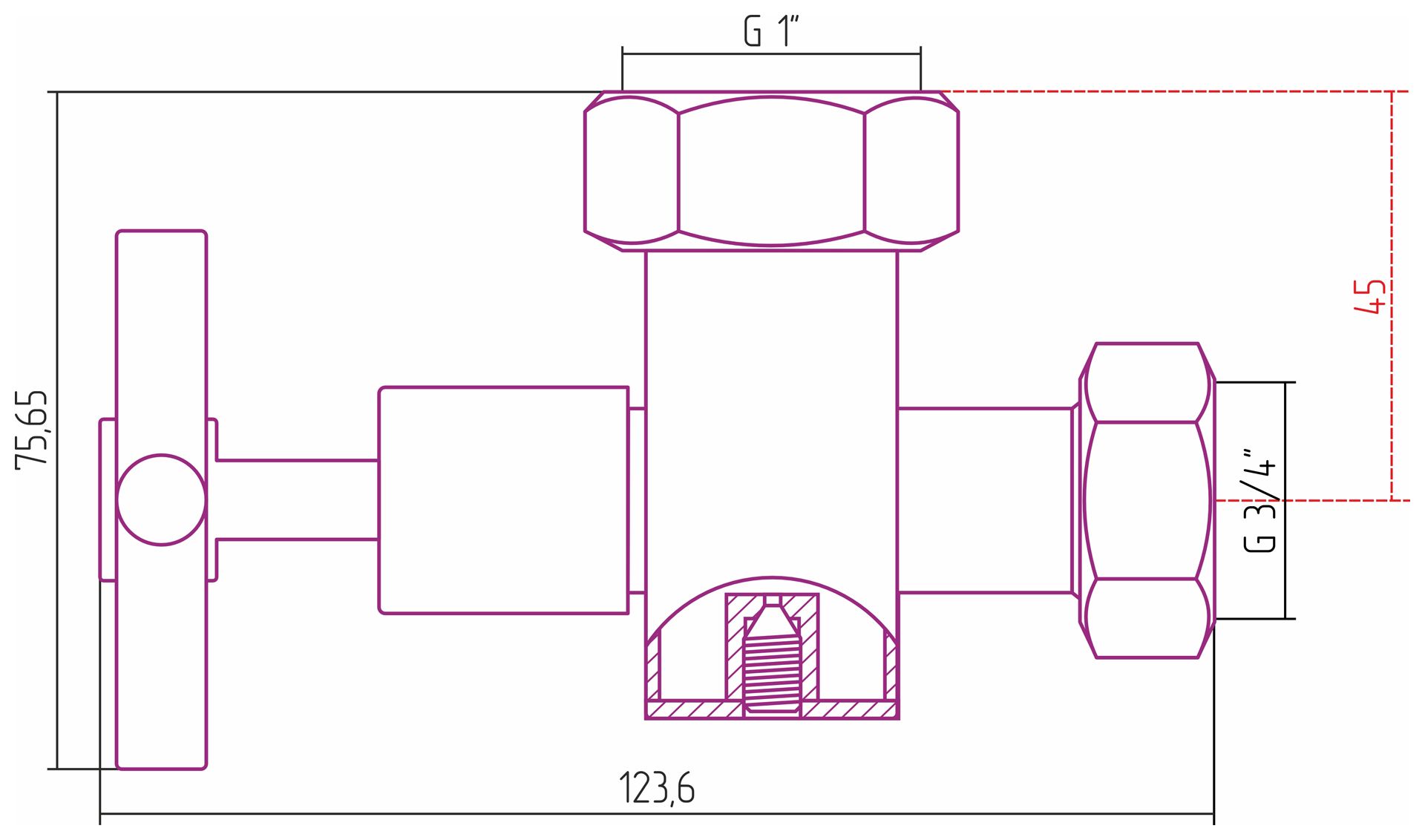 Вентиль с клапаном запорный (крестовой) G 1" НГ х G 3/4" НГ (Без покрытия)