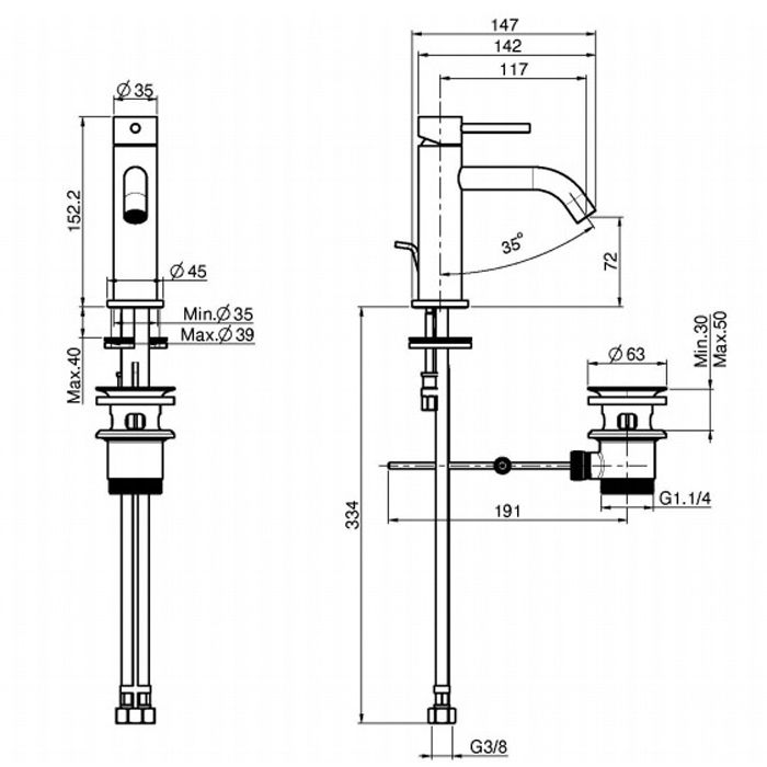 Смеситель для раковины, Fima Carlo Frattini, Spillo Up, тип открывания воды-однорычажный, монтаж-на раковину/столешницу, отверстия для монтажа-1, высота, мм-152.2, вынос излива, мм-117, донный клапан-есть, тип подводки-гибкая, стандарт подвода воды-3/8", 