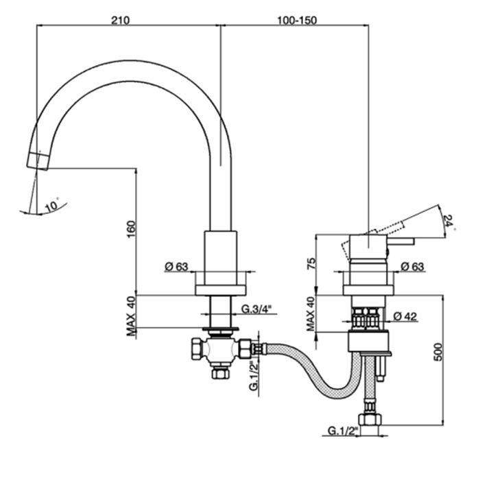 CISAL Less New Смеситель на борт ванны на 2 отверстия , излив 210мм, цвет хром, артикул LN00125021