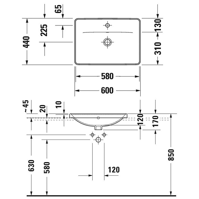 Duravit D-Neo Раковина встраиваемая сверху  600х400  мм,, с переливом, с 1 отв. под смеситель, цвет: белый