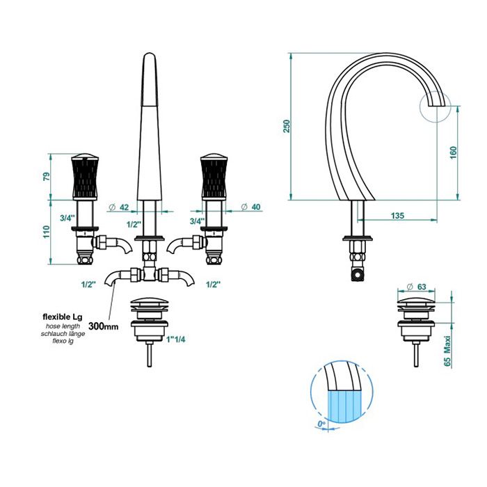 THG PORCELAIN BLANCHE DECOR PLATINE Смеситель для раковины на 3 отверстия, с донным клапаном, цвет хром