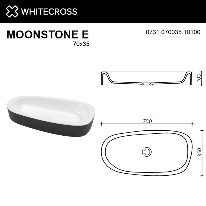 Умывальник WHITECROSS Moonstone E 70x35 (черный/белый глянец) иск. камень Умывальник WHITECROSS Moonstone E 70x35 (черный/белый глянец) иск. камень