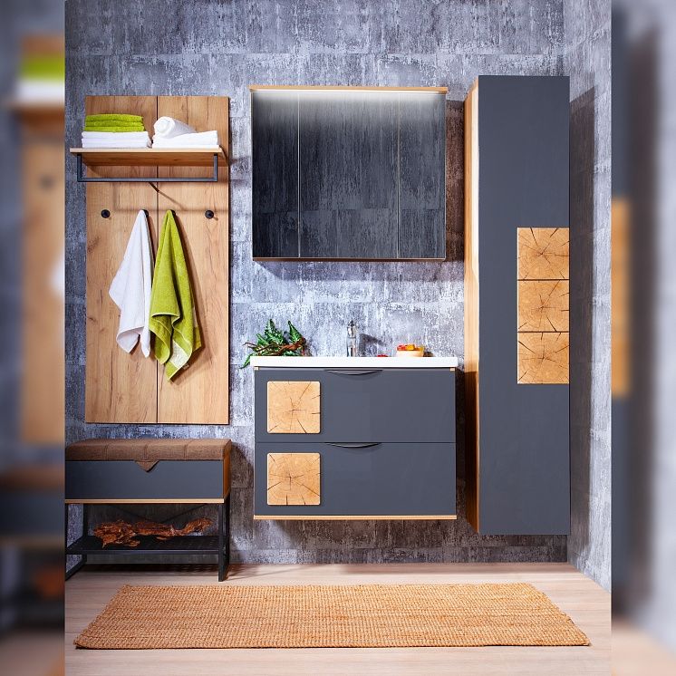 Тумба под раковину Бриклаер Форест 80 подвесная Антрацит со вставкой Пенёк