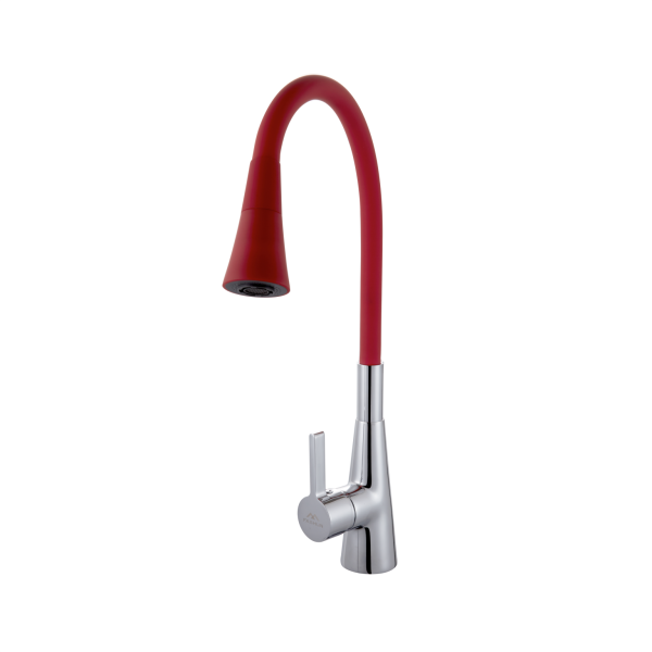 Смеситель для кухни с гибким изливом FASHUN A4153+B16, хром/красный