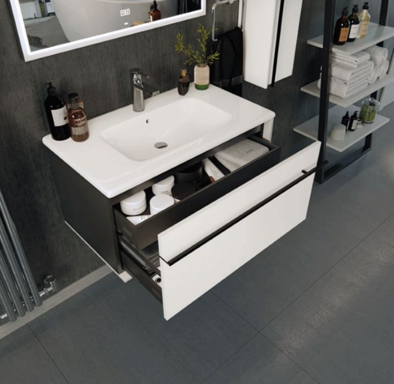 Тумба под раковину, Roca, Aneto, ширина, мм-785, глубина, мм-450, высота, мм-429, ящики-2 (один внешний, второй внутренний), цвет-белый глянец/черный матовый