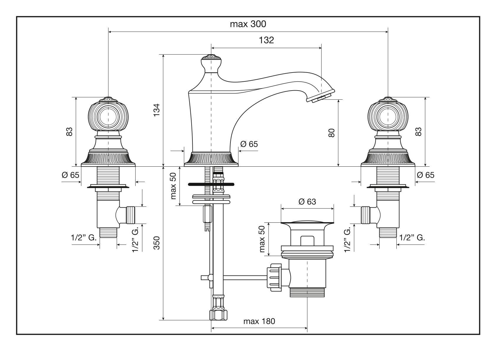 Смеситель The One с донным клапаном для раковины на 3 отверстия. Металлические ручки, цвет хром
