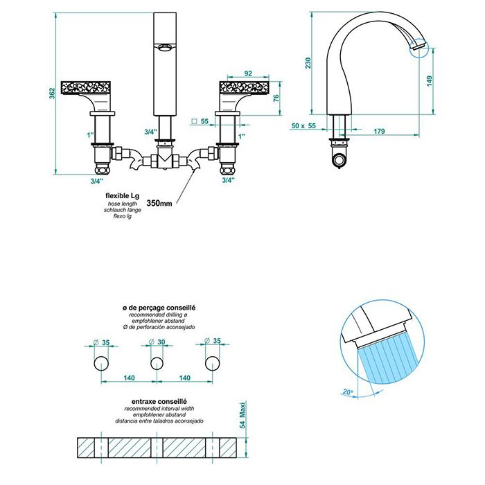 THG GINKGO Смеситель на борт ванны на 3 отверстия, без ручного душа, цвет полированное золото