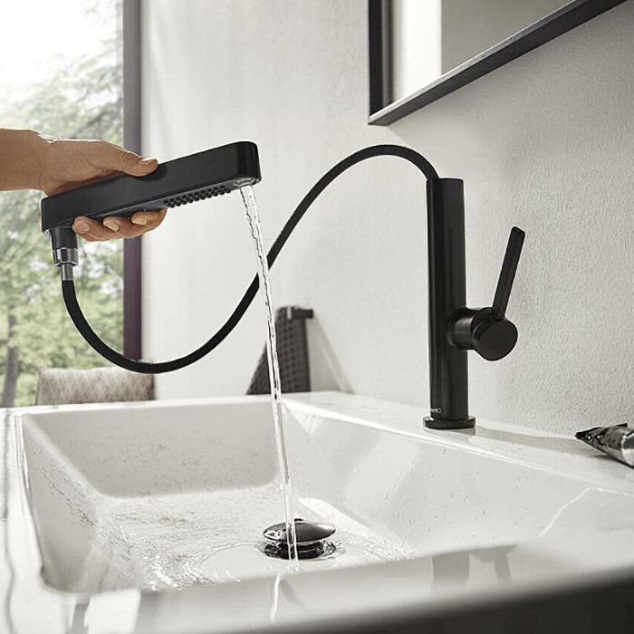 Смеситель для раковины, Hansgrohe, Finoris, тип открывания воды-однорычажный, тип регулирования воды-керамический картридж, отверстия для монтажа-1, высота, мм-248, вынос излива, мм-178, вытяжной душ, донный клапан-есть, цвет-чёрный матовый Смеситель для раковины, Hansgrohe, Finoris, тип открывания воды-однорычажный, тип регулирования воды-керамический картридж, отверстия для монтажа-1, высота, мм-248, вынос излива, мм-178, вытяжной душ, донный клапан-есть, цвет-чёрный матовый