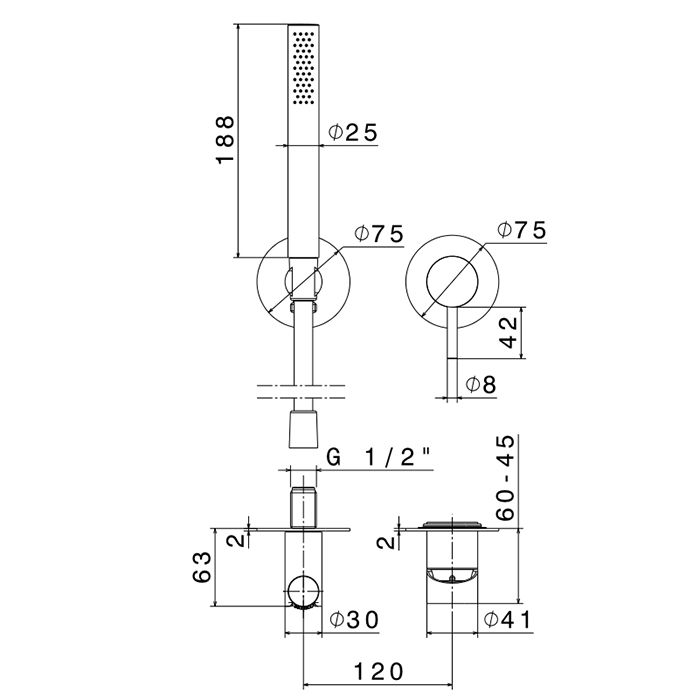 Newform X-STEEL 316 Наружная часть встр. душ. смесителя, ручной душ, кронштейн, шланг 150 см, (для 27852) цвет: PVD Brushed copper bronze