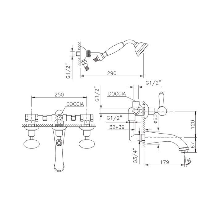 Nicolazzi Cristallo Di Rocca Смеситель для ванны с 2мя ручками, встроенный, вкл. внутр часть + комплект руч. душа, цвет: золото