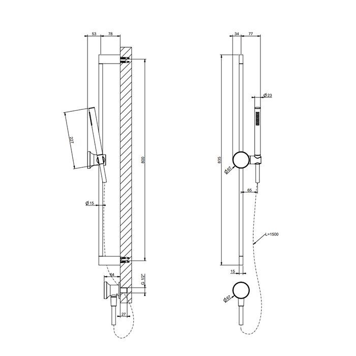 GESSI Origini Штанга в комплекте с душевой лейкой, шланг 1,50 м и вывод воды. в компл с отд вставкой, цвет: Finox Brushed Nickel
