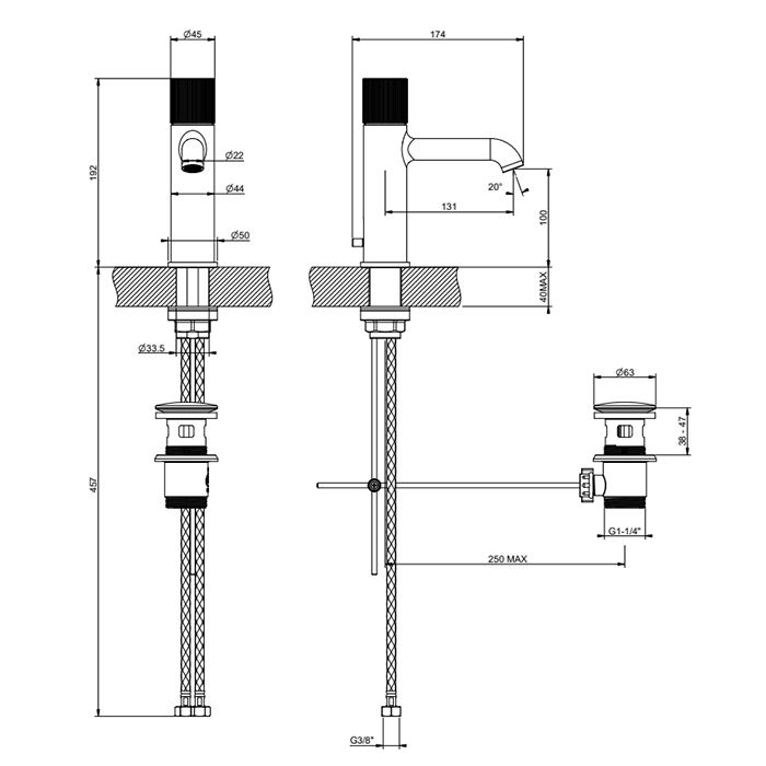 GESSI HABITO RIGATO Смеситель для раковины на 1 отверстие, однорычажный, в комплекте с донным клапаном, цвет Black Metal PVD
