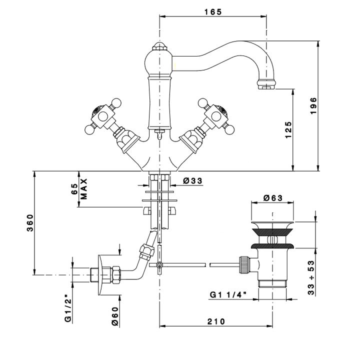 Nicolazzi P.M.Blanc Смеситель для раковины с 2мя ручками, на 1 отв., с донным клапаном, излив 165мм, цвет: бронза